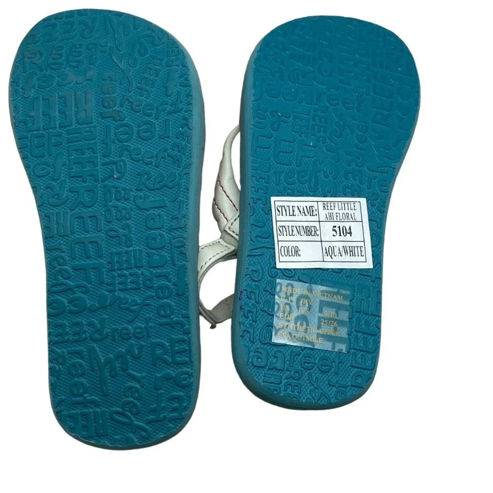 Reef Girl Light Blue Ankle Strap Little Ahi‎ Floral Flip Flop Sandals Sz 9/10
